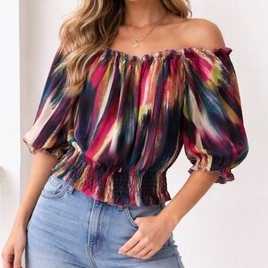 Argee Multicolor Off-Shoulder Smocked Waist Blouse